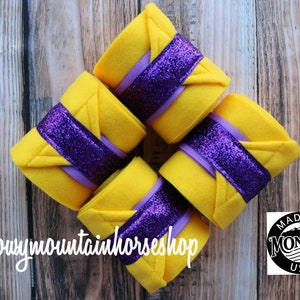 Polo Wraps / Stable Wraps, Set of 4 , Standard or Yearling/ Pony Size, Purple Glitter, Yellow Base Polos