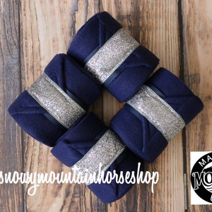Polo Wraps / Stable Wraps, Set of 4 , Standard or Yearling/ Pony Size, Metallic Navy Base Silver Glitter Polos