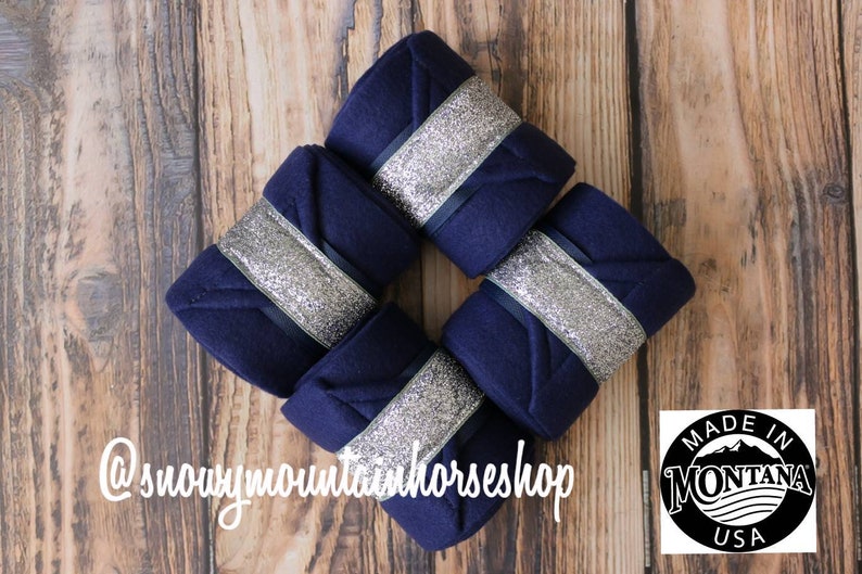 Metallic Navy Base Silver Glitter Polos Set of 4 Polo Wraps Stable Wraps Standard or Yearling Pony Size