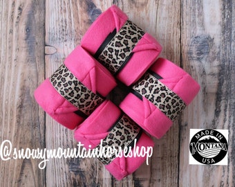 Polo Wraps / Stable Wraps, Set of 4 , Standard or Pony  Size, Raspberry Pink Base Amber Cheetah