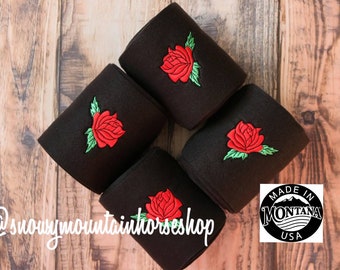 Polo Wraps / Stable Wraps, Set of 4 OR Set of 2, Standard Size, Red Roses with Glitter Fastener, Embroidered Polo Wraps