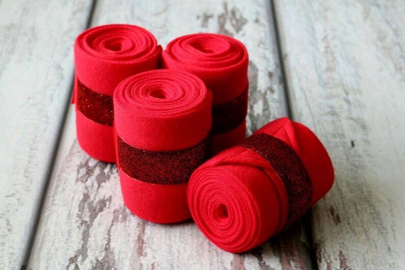 Standard or Yearling Pony Size Set of 2 OR 4 Polo Wraps Stable Wraps Red Glitter Ribbon