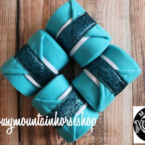 Polo Wraps / Stable Wraps, Set of 2 OR  4 , Standard or Yearling/ Pony Size, Metallic Turquoise Glitter Ribbon