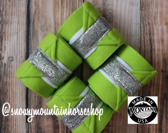 Polo Wraps / Stable Wraps, Set of 2 OR  4 , Standard or Yearling/ Pony Size, Lime Base Metallic Silver Glitter Ribbon