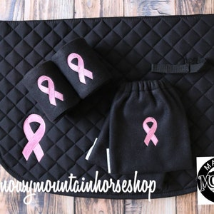 Custom Embroidered Breast   Cancer Awereness Quilted All Purpose English Saddle Pad, Polo Wraps, Stirrup Cover Set, More Color & Set Options