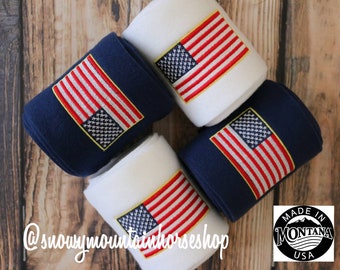 Vendas de polo con bandera de EE. UU. bordadas/vendas para establos, juego de 4 o juego de 2, talla estándar para caballos (elija el color base)