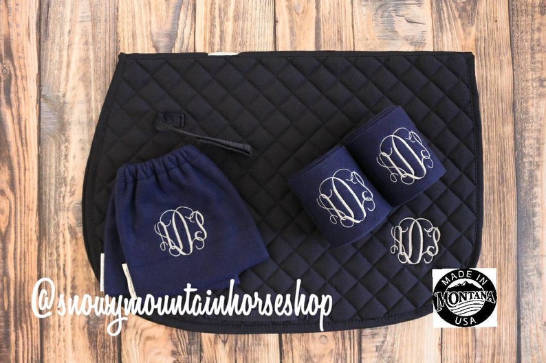 Custom Monogram Embroidered Diamond Quilted All Purpose English Saddle Pad, Polo Wraps & Stirrup Cover Set, More Color and Set Options image 5