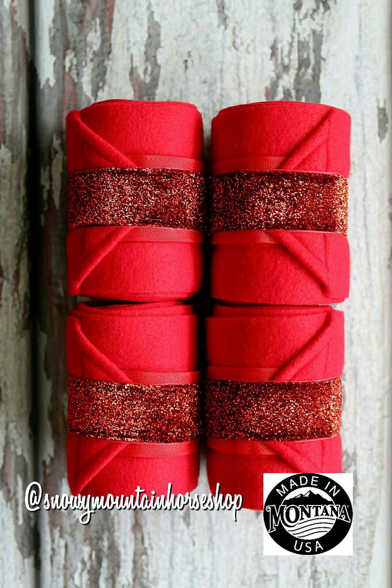 Standard or Yearling Pony Size Set of 2 OR 4 Polo Wraps Stable Wraps Red Glitter Ribbon