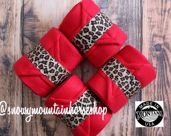 Polo Wraps / Stable Wraps, Set of 4 , Standard or Pony  Size, Red Base Amber Cheetah