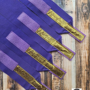 Polo Wraps / Stable Wraps, Set of 4 , Standard or Yearling/ Pony Size, Gold Glitter, Purple Base Polos
