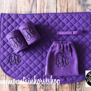 Custom Monogram Embroidered Diamond Quilted All Purpose English Saddle Pad, Polo Wraps & Stirrup Cover Set, More Color and Set Options image 3