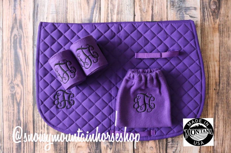 Custom Monogram Embroidered Diamond Quilted All Purpose English Saddle Pad, Polo Wraps & Stirrup Cover Set, More Color and Set Options image 3