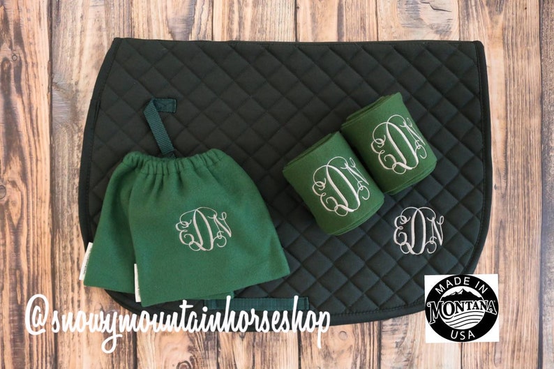 Custom Monogram Embroidered Diamond Quilted All Purpose English Saddle Pad, Polo Wraps & Stirrup Cover Set, More Color and Set Options image 4