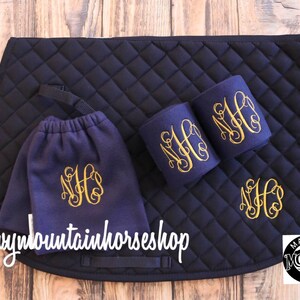 Custom Monogram Embroidered Diamond Quilted All Purpose English Saddle Pad, Polo Wraps & Stirrup Cover Set, More Color and Set Options image 2