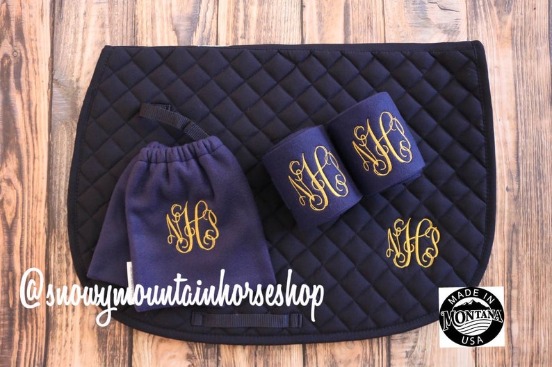 Custom Monogram Embroidered Diamond Quilted All Purpose English Saddle Pad, Polo Wraps & Stirrup Cover Set, More Color and Set Options image 2