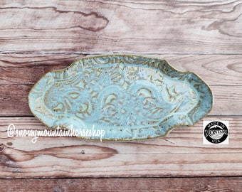 Trinket Dish, Ring Dish,Jewelry Dish, Ceramic Soap Dish, Dinnerware Safe, Textured Blue on Speckled Clay, Clouds