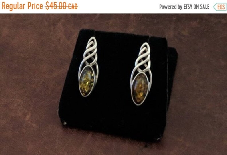 ON SALE Vintage Sterling Silver and Amber Earrings