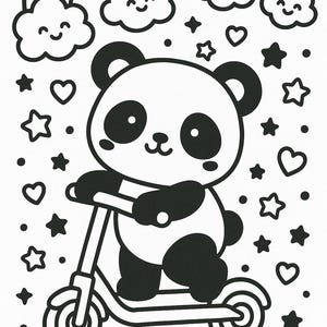 May include: Black and white illustration of a panda riding a scooter. The panda is surrounded by stars, hearts, rainbows, and smiling clouds. A cute design for children's products.