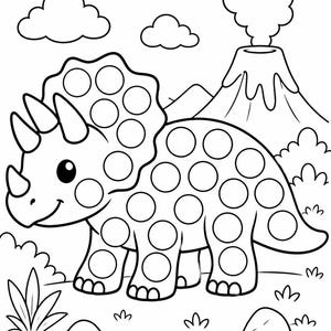 Könnte beinhalten: Schwarz-Weiß-Strichzeichnung eines Triceratops-Dinosauriers mit Vulkan, Wolken und Pflanzen im Hintergrund. Der Dinosaurier hat Kreise auf seinem Körper zum Ausmalen. Eine lustige Aktivität für Kinder.