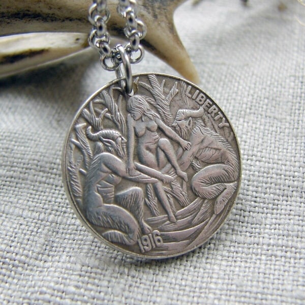 Faun Witch Hobo nickel coin pendant necklace jewelry spiritual silver gothic jewellery ceremonial magic occult amulet