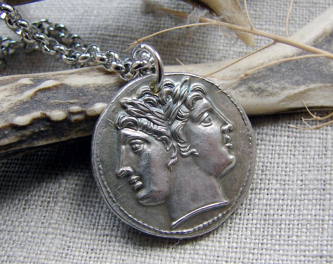 Janus ancient Roman copy of coin two-faced god Replica ancient pendant necklace jewelry silver jewellery ceremonial wiccan amulet