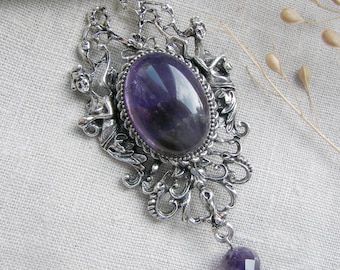 Purple Amethyst Brooch, Victorian Style Gothic Silver Filigree Pin, Natural Stone Romantic Accessorie, Vintage Silver Jewelry, Birthday Gift