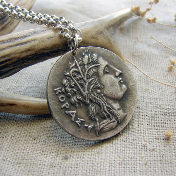 Persephone Kore and Nike ancient Greece copy of coin pendant necklace jewelry spiritual silver gothic jewellery ceremonial wiccan amulet