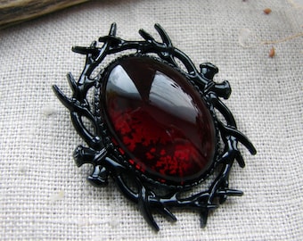 Ruby Red glass Brooch, Black rose Thorns Gothic Victorian Vampire Pin, Wedding Dark Romantic Accessories, Cosplay Jewelry, Birthday Gift