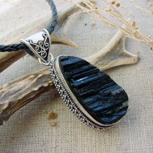Black Tourmaline Pendant, Schorl necklace big raw natural stone, chakra crystal birthstone, silver gothic statement jewelry, gift for her