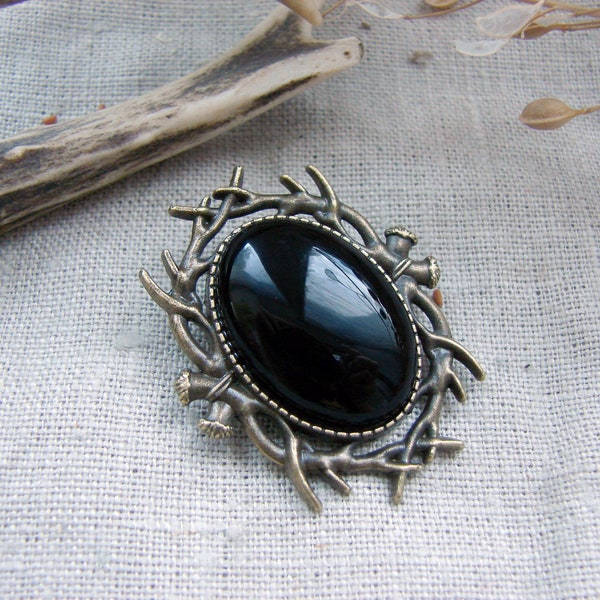Thorns Onyx Brooch, Bronze color Vintage style Gothic Pin, Goth Wedding Romantic Accessories, Halloween Cosplay Jewelry, Birthday Gift