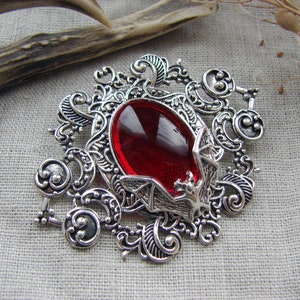 Ruby Red Brooch with Bat, Macabre Glass Silver Filigree Pin, Gothic Wedding Romantic Accessories, Vampire Cosplay Jewelry, Birthday Gift
