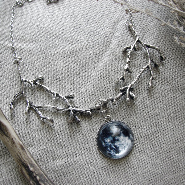 Full moon necklace Gothic witch jewelry goth pendant Goddess wiccan pagan space moon phase branches necklace