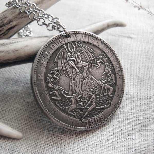 Witches in sabbath coven Devil Hobo nickel coin pendant necklace jewelry spiritual silver gothic jewellery ceremonial magic occult amulet