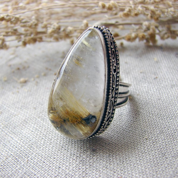 Golden Rutile Ring Size 6 big Rutilated Quartz stone silver victorian venus hair gemstone oval shaped jewellery statement midi finger ring