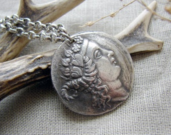 Dionysus and Hercules ancient Greece copy of coin pendant necklace jewelry spiritual silver gothic jewellery ceremonial wiccan amulet