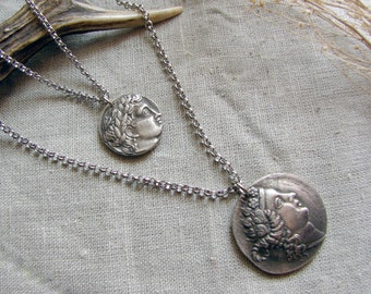 Dionysus and Apollo Ancient Greece copy of coin multi strand pendant layer necklace jewelry god spiritual silver jewellery ceremonial wiccan