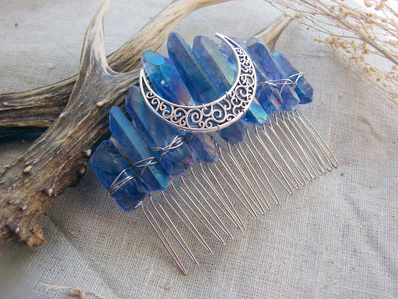 Dark Blue Titanium Quartz raw Crystal Crescent Moon hair pin side comb wiccan Bridal Crown Tiara Wedding veil witch goth jewelry