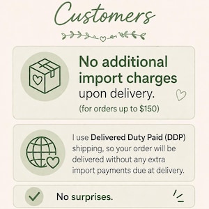 Może przedstawiać: Grafika informacyjna z ciemnozielonym tekstem na jasnym tle. Nagł&oacute;wek brzmi USA & EU Customers. Zawiera zasady dotyczące opłat importowych, informując, że przy dostawie nie są wymagane żadne dodatkowe płatności.