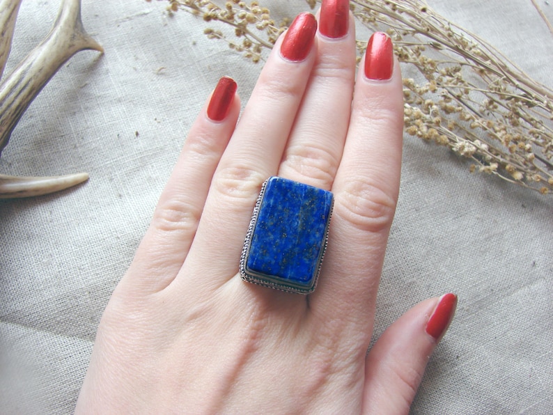 Blue Lapis Lazuli ring size 8 12 navy natural big Lazurite gemstone spiritual silver gothic jewellery statement jewelry witch finger