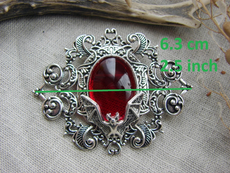 Ruby Red Brooch with Bat, Macabre Glass Silver Filigree Pin, Gothic Wedding Romantic Accessories, Vampire Cosplay Jewelry, Birthday Gift image 5