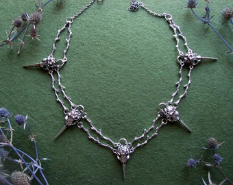Gothic crow raven skull necklace witch jewelry goth bird pendant wiccan pagan branches twig necklace