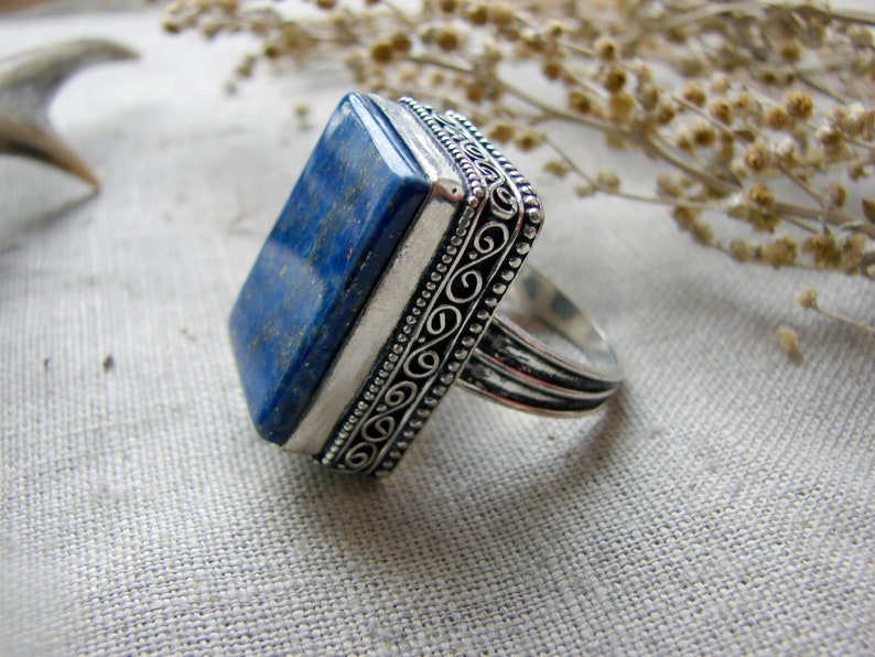 Blue Lapis Lazuli ring size 8 12 navy natural big Lazurite gemstone spiritual silver gothic jewellery statement jewelry witch finger