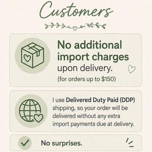 May include: An informational graphic with dark green text on a light background. The header reads USA & EU Customers. It lists policies regarding import charges, stating no additional payments are due upon delivery for orders up to $150.