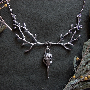 Gothic crow raven skull necklace witch jewelry goth bird pendant wiccan pagan branches necklace