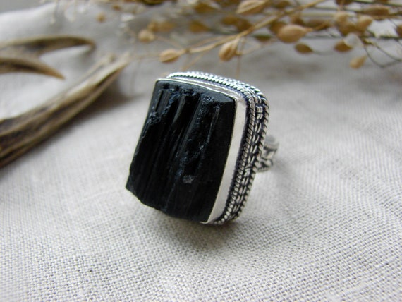 Black Tourmaline Ring Size 6 Schorl Protection Witch Big Raw