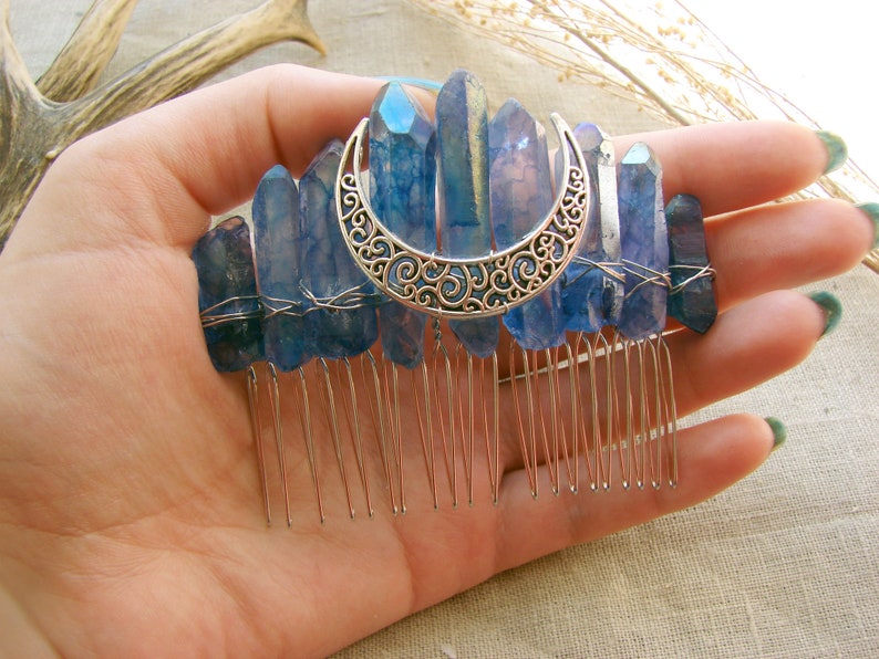 Dark Blue Titanium Quartz raw Crystal Crescent Moon hair pin side comb wiccan Bridal Crown Tiara Wedding veil witch goth jewelry