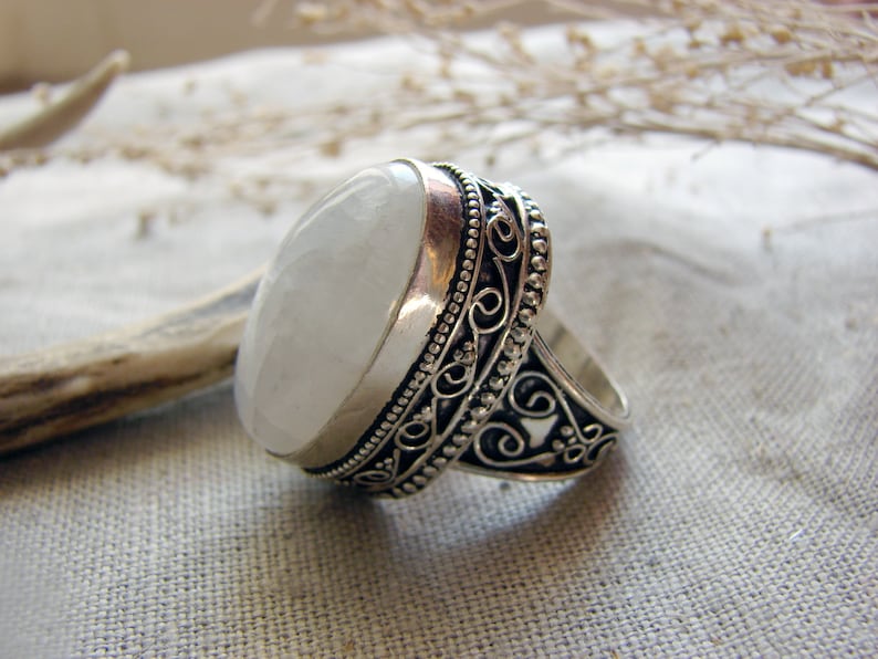 Rainbow Moonstone Ring size 7 34 Moon Stone Blue Flashy Jewellery Witch powerful spiritual silver gothic statement jewelry ceremonial magic