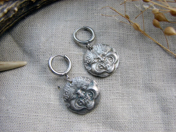 Medusa Gorgon earrings, Gorgoneion ancient Greece copy of coin jewelry, greek protection amulet, silver gothic jewellery, wiccan present