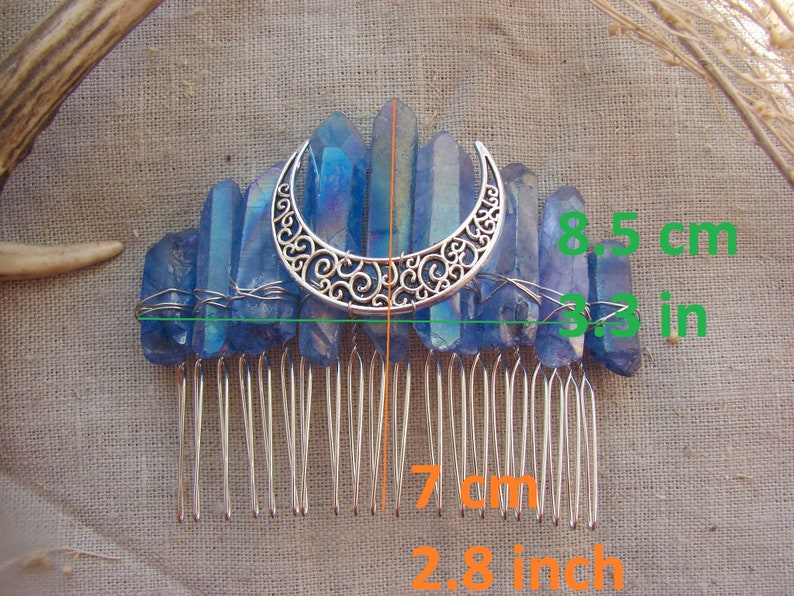 Dark Blue Titanium Quartz raw Crystal Crescent Moon hair pin side comb wiccan Bridal Crown Tiara Wedding veil witch goth jewelry