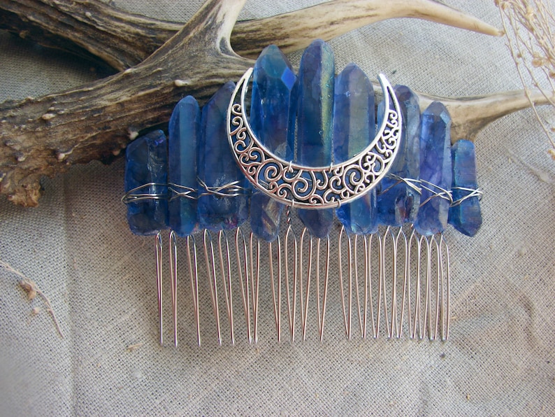 Dark Blue Titanium Quartz raw Crystal Crescent Moon hair pin side comb wiccan Bridal Crown Tiara Wedding veil witch goth jewelry